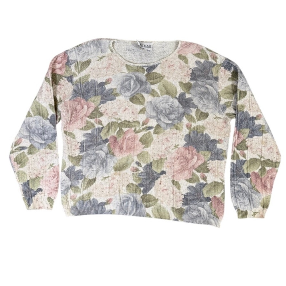 Vintage Carly Blake Floral Knit Sweater XL Pink Blue Rose USA Made Cottagecore